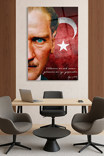 duvarsanatı Atatürk Portre Türk Bayrağı Cam Tablo, " Vatanını en çok seven " Kurum Ofis Duvar Dekoru ,Hediyelik