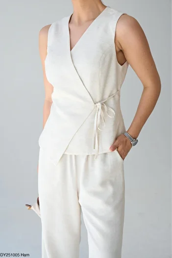 CADDELAMODA Women's Double Breasted Collar Side Tie Linen Vest