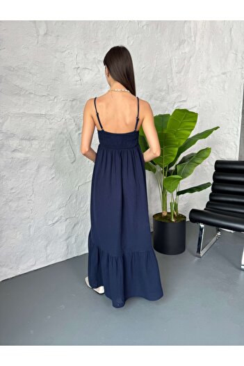 Elif Özbey Butik Lacivert Gipe Nakış Detaylı Müslin Elbise
