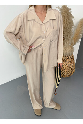 BEJNA Women's Beige Oversize Modal Shirt Pants Set