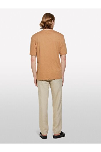 Sisley Linen Blend Crew Neck Regular Fit T-Shirt Men's Brown T-Shirt - 325P3D8Fs104L