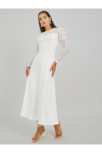 Keenly By Styli Embellished Lace Detail Long Lace Sleeve Maxi Dress