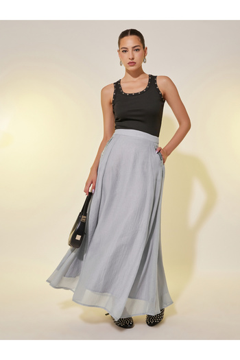 Styli Embellished Detail A-Line Maxi Skirt with Pockets