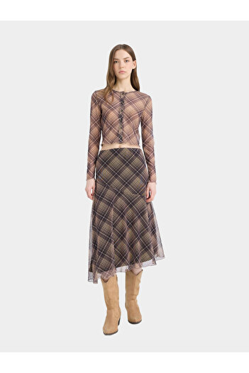 DeFacto Brown Asymmetrical Checked Normal Waist Midi Skirt
