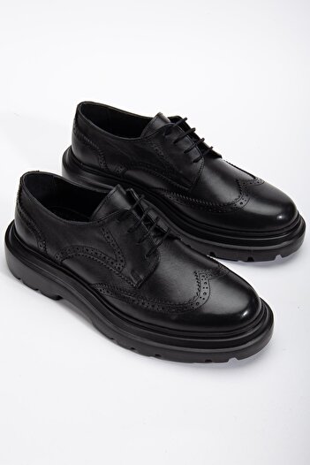 Dilimler Ayakkabı Genuine Leather Men's Classic Shoes Black Thick Sole Tied