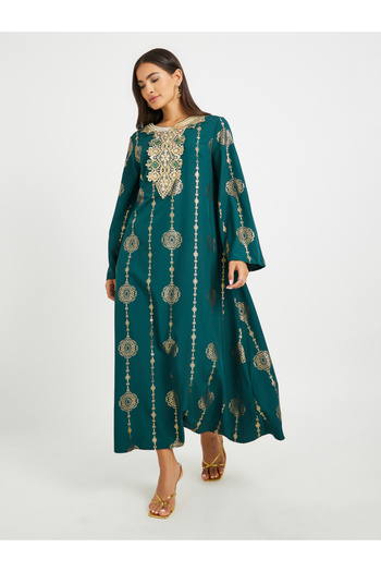 Keenly By Styli Printed Lace Detail Long Sleeve A-Line Jalabiya