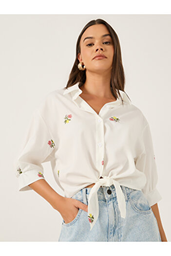 Styli Floral Embroidered 3/4 Sleeve Tie Front Regular Fit Shirt