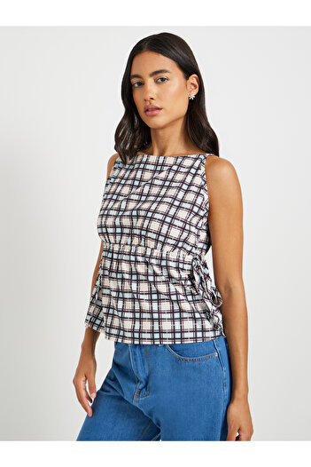 Styli Checked Sleeveless Boat Neck Blouse
