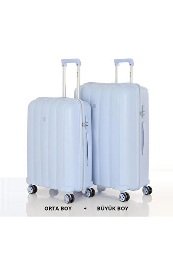 MÇS Bavul Büyük ve Orta 2li Set Kırılmaz Silikon Valiz V305 BebeMavi