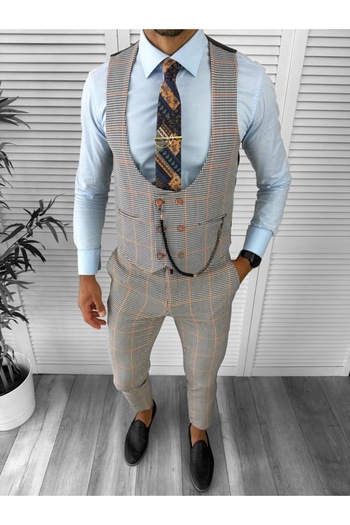 dehaine Men's Suit, Pants Plus Vest, Gray, Checkered, 12789