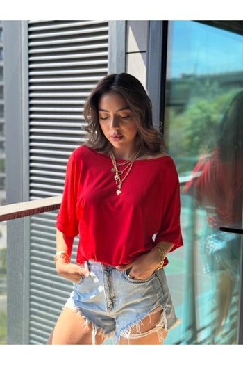 MAREANDPANDA Women's One Shoulder Short Sleeve Loose Viscose Blouse