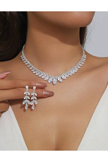 Ümaks Silvers Zircon Stone Leaf Model Necklace Earring Set Elegant Wedding Jewelry Set Henna Jewelry Set Engagement Jewelry Set