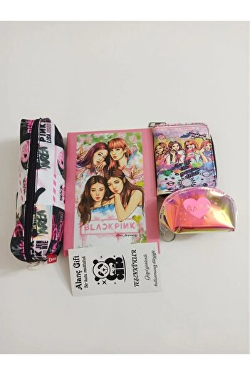 Alanç Gift Black Pink Printed Pen Holder, Notebook, Coin Purse, Coin Purse Special Gift Set