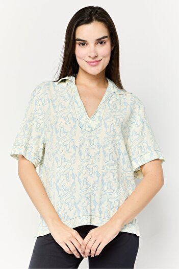 SANDRO Women V Neck Graphic Print Short Sleeves Blouse, Multicolor