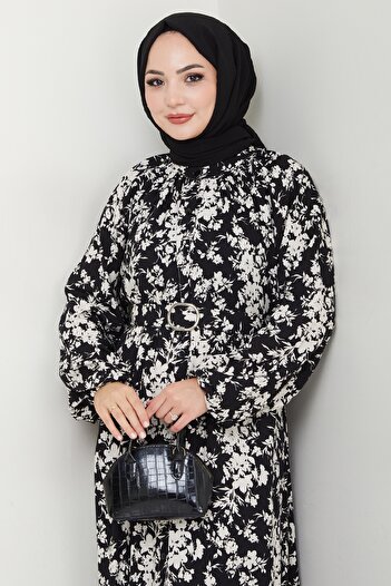 InStyle Mirana Çiçek Desen Siyah Viskon Elbise