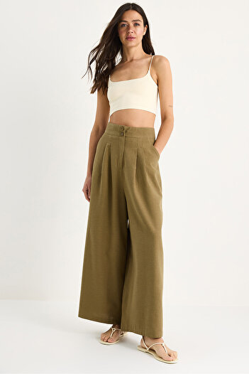 Bianco Lucci Women's High Waist Pleated Detailed Pocketed Wide Leg Trousers 3266 60281060