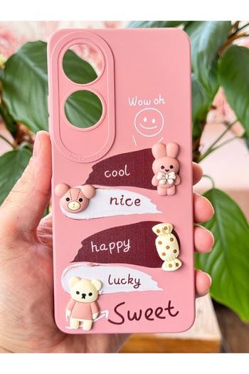 Fibaks Oppo A60 Compatible Case Pink Rabbit Design Patterned Camera Protection Soft Silicone Cover
