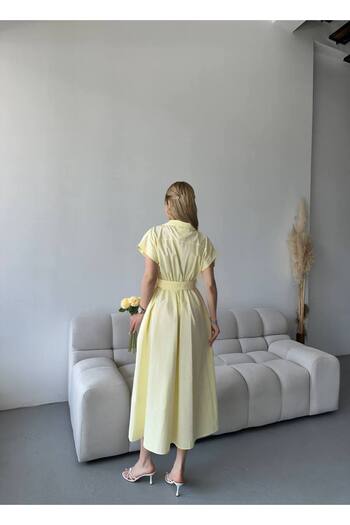 Bak'ap Butter Yellow Bat Sleeve Belt Detailed Long Poplin Dress