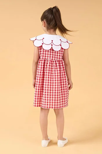 Magu Girl's Red Plaid Buttoned Dress with Heart Collar Detail
