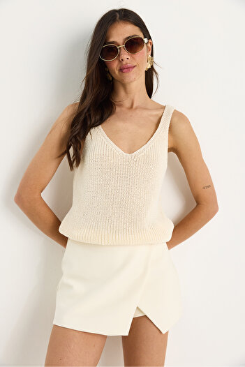 Bianco Lucci Women's V-Neck Waist Detailed Basic Knitwear Blouse 20258007