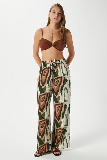 Ritnice Women's Jade Green Brown Waist Elastic 100% Viscose Summer Trousers