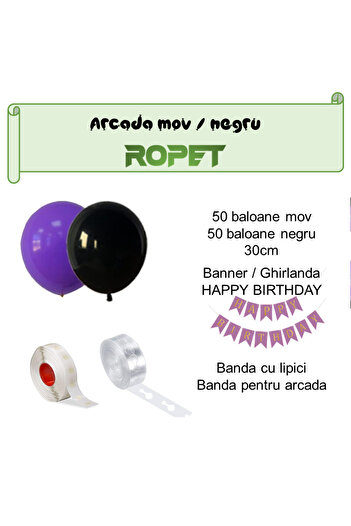 Ropet Balloon arrangement set for arch, Happy Birthday garland, 115 pcs, purple and black