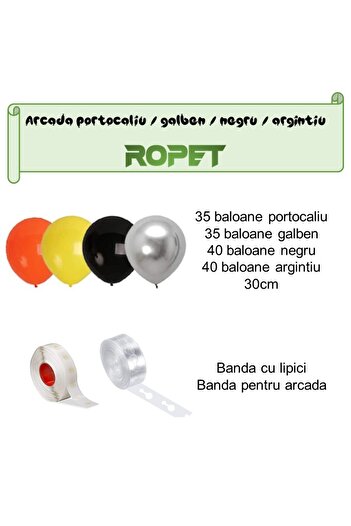 Ropet Balloon arrangement set for arch, 150 pcs, orange, yellow, black and silver