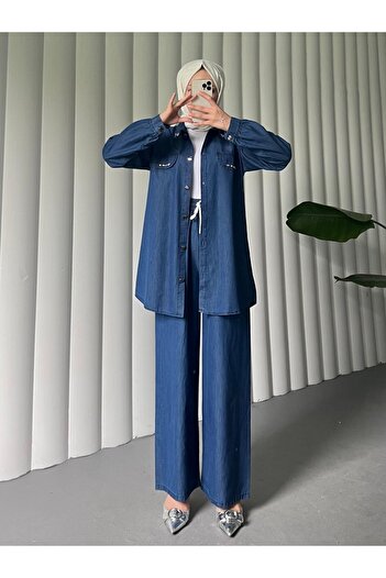 Modamorfo Buttoned Pocket Detailed Wide Leg Trousers Jeans Set - Indigo