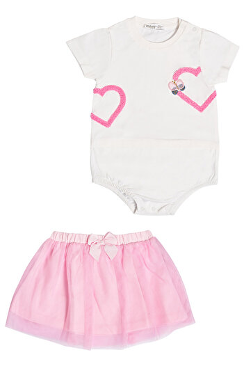 Miny Center Heart Patterned T-Shirt - Baby Girl Set of 2 with Tutu Skirt