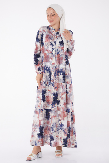 TOFİSA Buttoned Patterned Dress Navy Blue - 26045