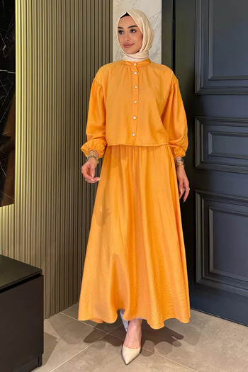 julude Mustard Pocket Detailed Skirt Shirt Hijab Double Set