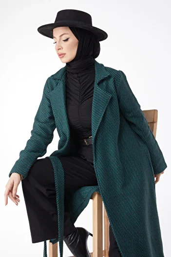 TOFİSA Green Belted Women's Stamp Coat - Plain Jacket Collar - 13115