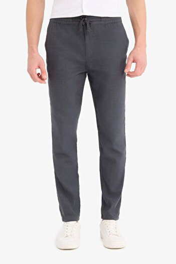 DeFacto 100% Cotton Linen Look Trousers Elastic Waist Slim Fit Slim Fit Pocket Straight Leg D2671Ax25Sm