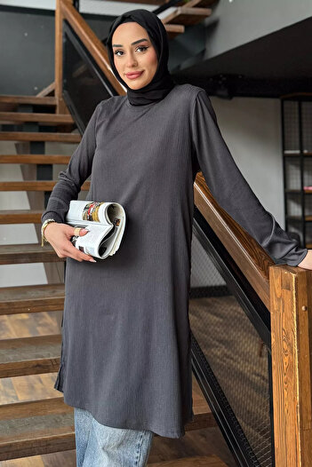 julude Anthracite Women's Crew Neck Side Slit Detailed Hijab Tunic