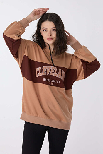 TOFİSA Tan Colored Flat High Collar Women's Sweat - 13070
