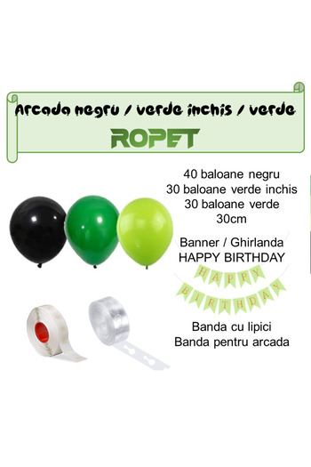 Ropet Balloon arrangement set for arch, Happy Birthday garland, 115 pcs, black and green