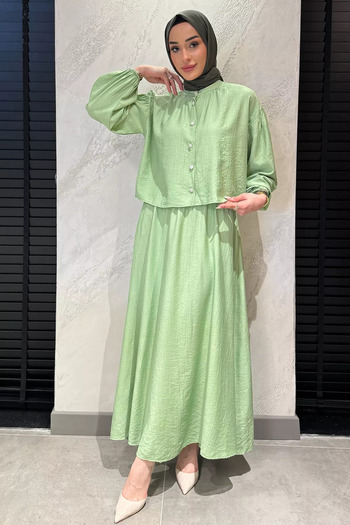julude Water Green Pocket Detailed Skirt Shirt Hijab Double Set