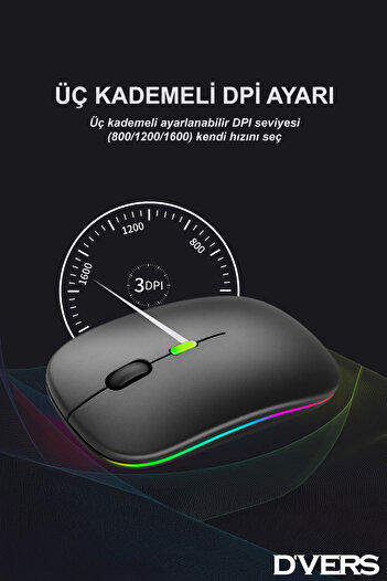 D'VERS Ultra Slim Usb 2.4ghz Siyah Ledli 800/1200/1600dpi Şarjlı Kablosuz Mouse Rgb Led Işıklı