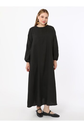ALİA Plus Size Basic Aerobin Dress with Elastic Sleeves - Black - Alia