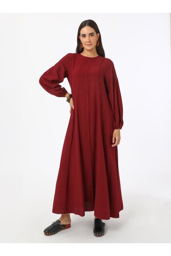 Benin Linen Blended Hijab Dress with Stitching Detail - Burgundy - Benin