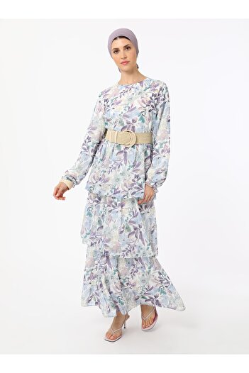 Refka Watercolor Patterned Flounce Chiffon Hijab Dress - Lilac -