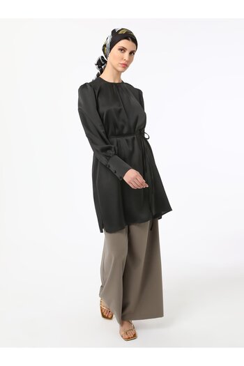 Refka Satin Tunic with Binding Detail - Black - Refka