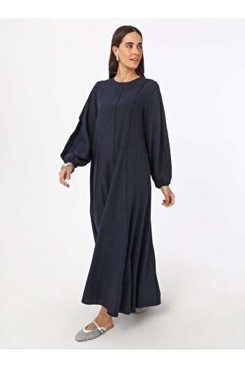 Benin Linen Blended Hijab Dress with Stitching Detail - Navy Blue - Benin