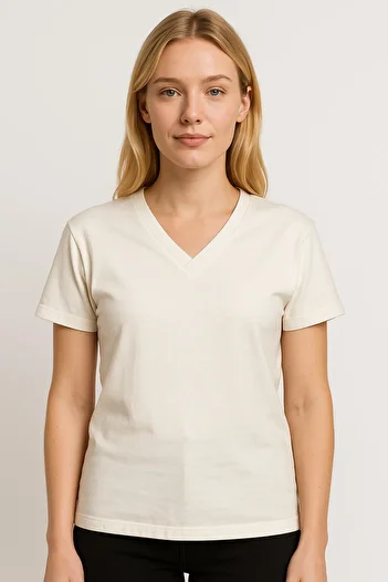 İpek Tekstil 100% Cotton Women's Combed Modal Overlay V-Neck Slit Detailed T-Shirt