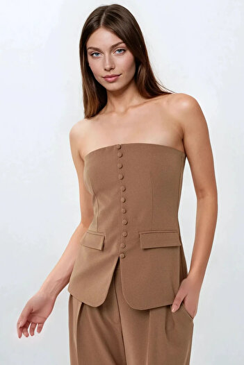 Hiccup Strapless Buttoned Front Woven Top
