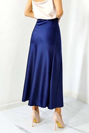 FashionForYou Elegant Penelope skirt, with satin texture and long cut, Navy blue, Size S/M/L