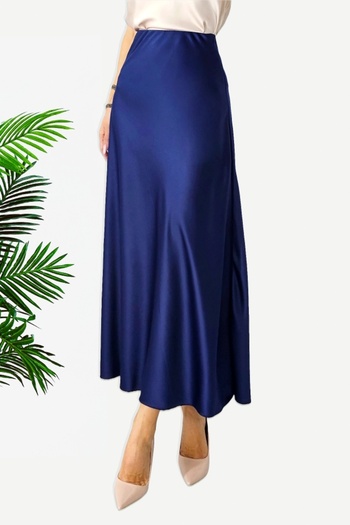 FashionForYou Elegant Penelope skirt, with satin texture and long cut, Navy blue, Size S/M/L