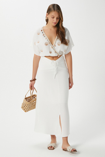 Ritnice Women's Nara Muslin Ecru Oyster Embroidered Blouse Skirt Bottom Top Set