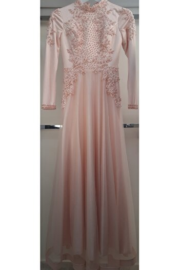 N.Y.YILDIZ Star Tulle Satin Embroidered Beaded Long Length Lined Sleeve Evening Dress