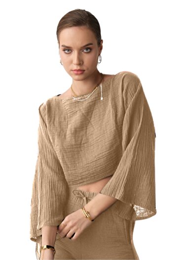 clavia Muslin Bustier, Tshirt Spanish Sleeve Boat Neck 100% βαμβακερό καλοκαιρινό μπλουζάκι, Crop Bustier